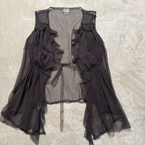 Daytrip Taupe Sheer Ruffled Trim Sleeveless Vest